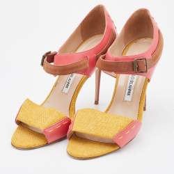 Pre Owned Manolo Blahnik Multicolor Leather/Fabric and Suede Ankle Strap Sandals Size 38.5