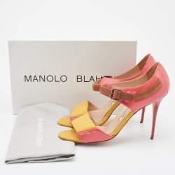 Pre Owned Manolo Blahnik Multicolor Leather/Fabric and Suede Ankle Strap Sandals Size 38.5