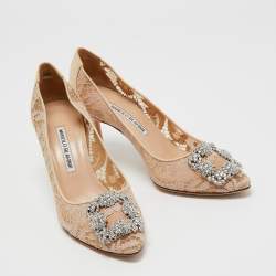 Pre Owned Manolo Blahnik Beige Lace Hangisi  Pumps Size 38.5