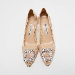 Pre Owned Manolo Blahnik Beige Lace Hangisi  Pumps Size 38.5
