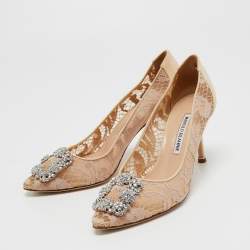 Pre Owned Manolo Blahnik Beige Lace Hangisi  Pumps Size 38.5