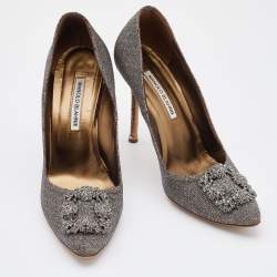 Pre Owned Manolo Blahnik Metallic Bronze/Silver Lurex Fabric and Glitter Hangisi Pumps Size 40