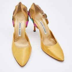 Pre Owned Manolo Blahnik Multicolor Satin and Iguana Leather D'orsay Pointed Toe Pumps Size 41