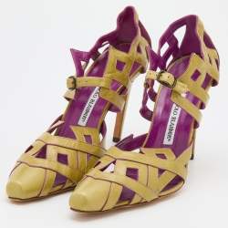 Pre Owned Manolo Blahnik Yellow Leather Cut Out Pumps Size 40