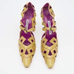 Pre Owned Manolo Blahnik Yellow Leather Cut Out Pumps Size 40
