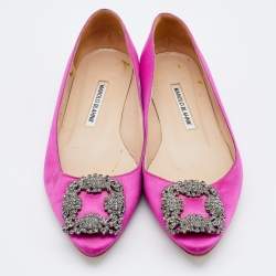 Pre Owned Manolo Blahnik Pink Satin Hangisi Crystal Embellished Ballet Flats Size 37.5