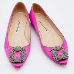 Pre Owned Manolo Blahnik Pink Satin Hangisi Crystal Embellished Ballet Flats Size 37.5