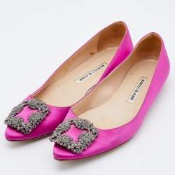 Pre Owned Manolo Blahnik Pink Satin Hangisi Crystal Embellished Ballet Flats Size 37.5