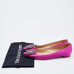 Pre Owned Manolo Blahnik Pink Satin Hangisi Crystal Embellished Ballet Flats Size 37.5