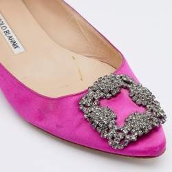 Pre Owned Manolo Blahnik Pink Satin Hangisi Crystal Embellished Ballet Flats Size 37.5
