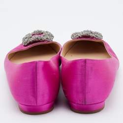 Pre Owned Manolo Blahnik Pink Satin Hangisi Crystal Embellished Ballet Flats Size 37.5
