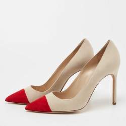 Pre Owned Manolo Blahnik Beige/Red Suede Bipunta Pointed Toe Pumps Size 38