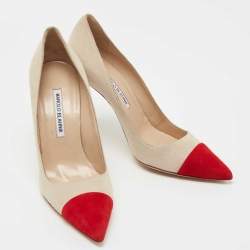 Pre Owned Manolo Blahnik Beige/Red Suede Bipunta Pointed Toe Pumps Size 38