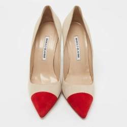 Pre Owned Manolo Blahnik Beige/Red Suede Bipunta Pointed Toe Pumps Size 38