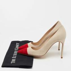 Pre Owned Manolo Blahnik Beige/Red Suede Bipunta Pointed Toe Pumps Size 38