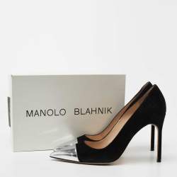 Pre Owned Manolo Blahnik Black/Silver Suede and Leather Cap Toe Pumps Size 41