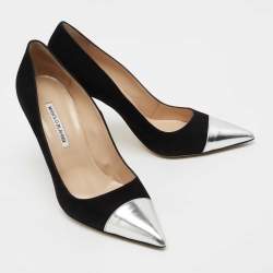 Pre Owned Manolo Blahnik Black/Silver Suede and Leather Cap Toe Pumps Size 41