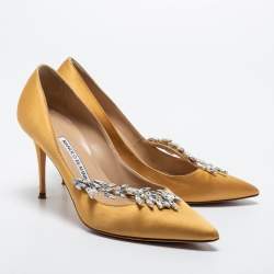 Pre Owned Manolo Blahnik Mustard Yellow Satin Nadira Pumps Size 38.5