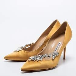 Manolo Blahnik Mustard Yellow Satin Nadira Pumps Size 38.5