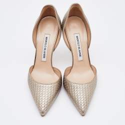 Manolo Blahnik  Metallic Gold Embossed Leather Tayler Pointed Toe D'orsay Pumps Size 36.5