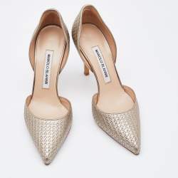 Manolo Blahnik  Metallic Gold Embossed Leather Tayler Pointed Toe D'orsay Pumps Size 36.5