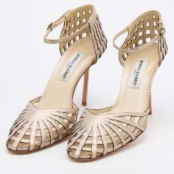 Pre Owned Manolo Blahnik Metallic Silver Leather Ankle Strap Pumps Size 40.5