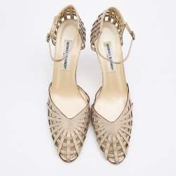 Pre Owned Manolo Blahnik Metallic Silver Leather Ankle Strap Pumps Size 40.5