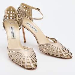 Pre Owned Manolo Blahnik Metallic Silver Leather Ankle Strap Pumps Size 40.5