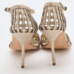 Pre Owned Manolo Blahnik Metallic Silver Leather Ankle Strap Pumps Size 40.5