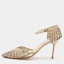 Pre Owned Manolo Blahnik Metallic Silver Leather Ankle Strap Pumps Size 40.5