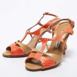 Pre Owned Manolo Blahnik Pink/Beige Snakeskin and Leather Slingback Sandals Size 36.5