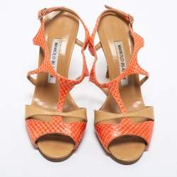 Pre Owned Manolo Blahnik Pink/Beige Snakeskin and Leather Slingback Sandals Size 36.5