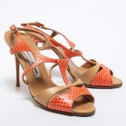 Pre Owned Manolo Blahnik Pink/Beige Snakeskin and Leather Slingback Sandals Size 36.5