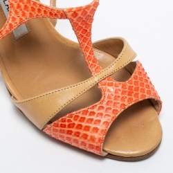 Pre Owned Manolo Blahnik Pink/Beige Snakeskin and Leather Slingback Sandals Size 36.5