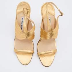 Manolo Blahnik Gold Leather Ankle Strap Sandals Size 40