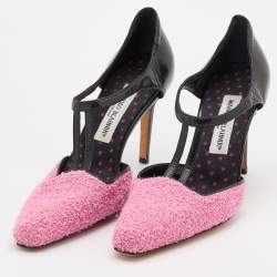 Pre Owned Manolo Blahnik Pink/Black Fabric and Leather T-Strap Pumps Size 38