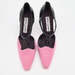 Pre Owned Manolo Blahnik Pink/Black Fabric and Leather T-Strap Pumps Size 38