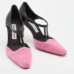 Pre Owned Manolo Blahnik Pink/Black Fabric and Leather T-Strap Pumps Size 38