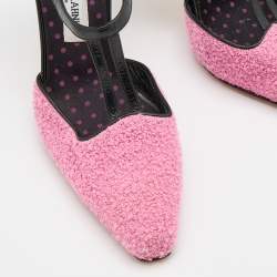 Pre Owned Manolo Blahnik Pink/Black Fabric and Leather T-Strap Pumps Size 38