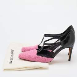 Pre Owned Manolo Blahnik Pink/Black Fabric and Leather T-Strap Pumps Size 38