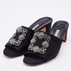 Manolo Blahnik Black Satin Martamod Crystal Embellished Mules Size 37