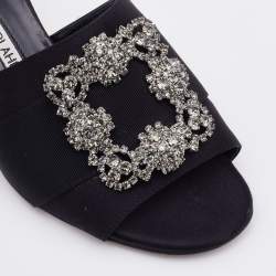 Manolo Blahnik Black Satin Martamod Crystal Embellished Mules Size 37
