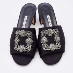 Manolo Blahnik Black Satin Martamod Crystal Embellished Mules Size 37