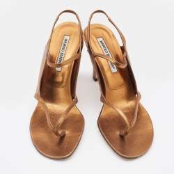 Pre Owned Manolo Blahnik Metallic Bronze Leather Thong Slingback Sandals Size 39