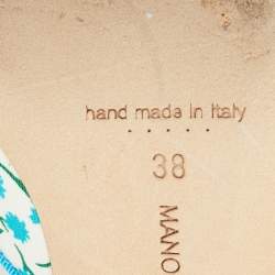 Pre Owned Manolo Blahnik White/Blue Printed Fabric Maysale Mules Size 38