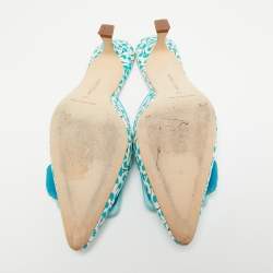 Pre Owned Manolo Blahnik White/Blue Printed Fabric Maysale Mules Size 38