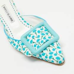 Pre Owned Manolo Blahnik White/Blue Printed Fabric Maysale Mules Size 38