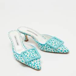 Pre Owned Manolo Blahnik White/Blue Printed Fabric Maysale Mules Size 38