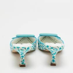 Pre Owned Manolo Blahnik White/Blue Printed Fabric Maysale Mules Size 38