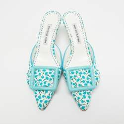Pre Owned Manolo Blahnik White/Blue Printed Fabric Maysale Mules Size 38
